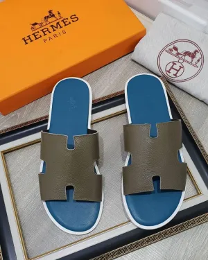 Hermes Paris Men Sandals Izmir Veau -white/ green