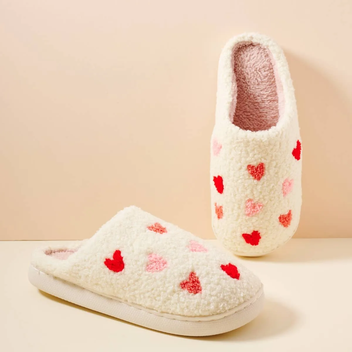 Multi Hearts Home Slippers in White/Pink- Ladies (S-L)