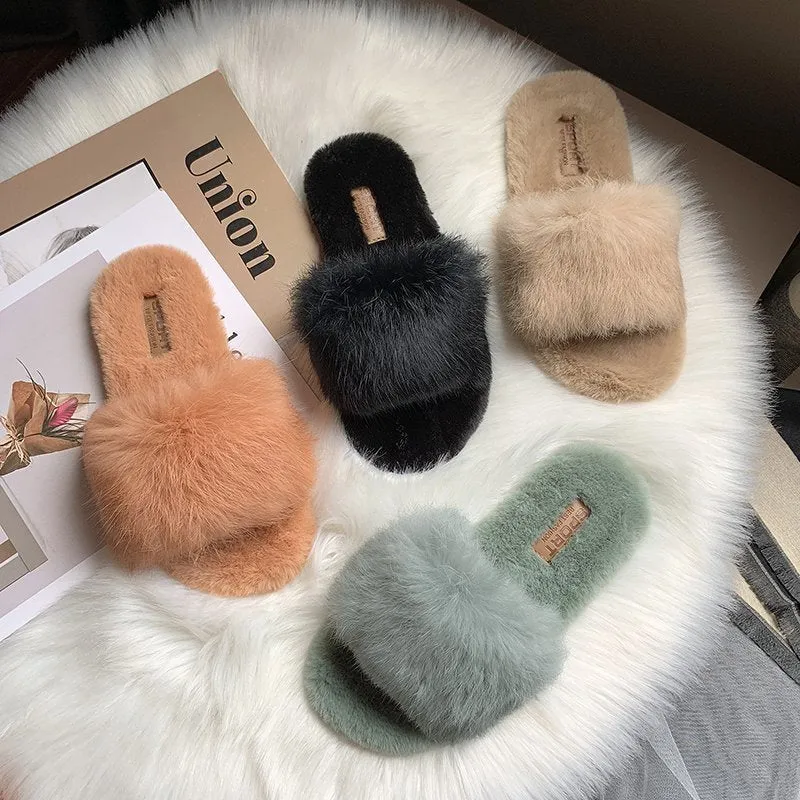 Rabbit Hair Slippers for Women