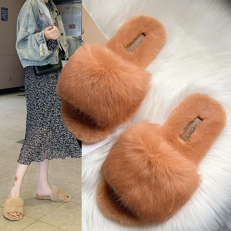 Rabbit Hair Slippers for Women