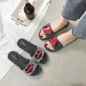 Rhinestone Slippers with Red Lips for Women