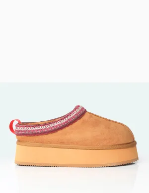 Vixon Chestnut Brown Faux Suede Embroidered Slipper Platform Boots